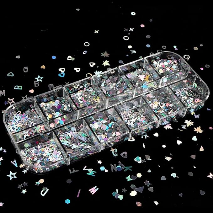 Vezocim Silver Glitter Nail Flakes Holographic 3D Glitters Sequins Decorations, Heart Circle Letters Butterfly Design Supplies DIY Sparkly Resin Nail Art Tips