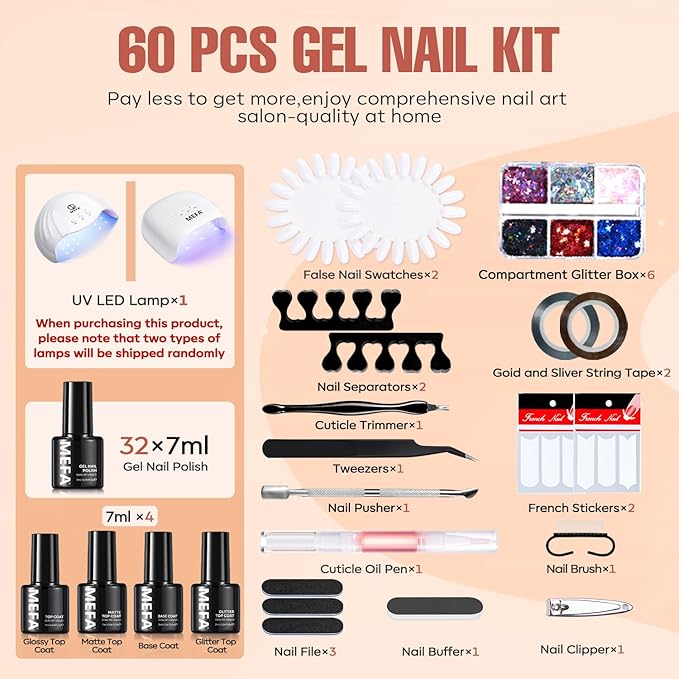MEFA 60 Pcs Gel Nail Polish Kit with U V Light, 32 Colors All Seasons Nude Gel Nail Polish Set with Base and Matte/Glossy Glitter Top Coat Nail Art DIY Decorations Manicure Tools Gifts for Women