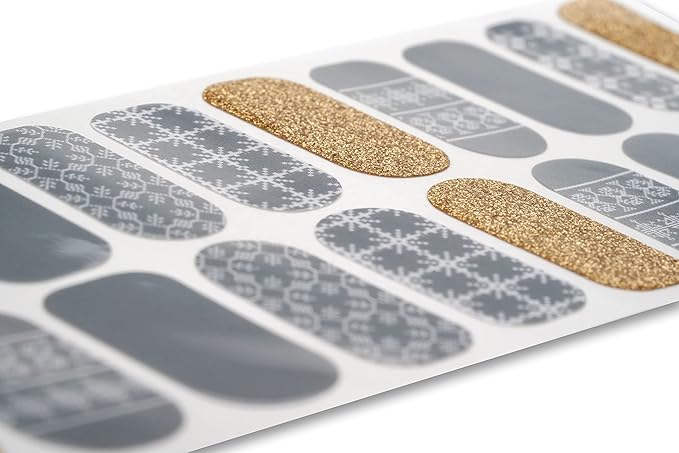 | 20 Exquisite Gel Nail Polish Strips w/Application Accessories - No UV/LED Lamp Required (Holiday | Knitted Gray & Gold Glitter)