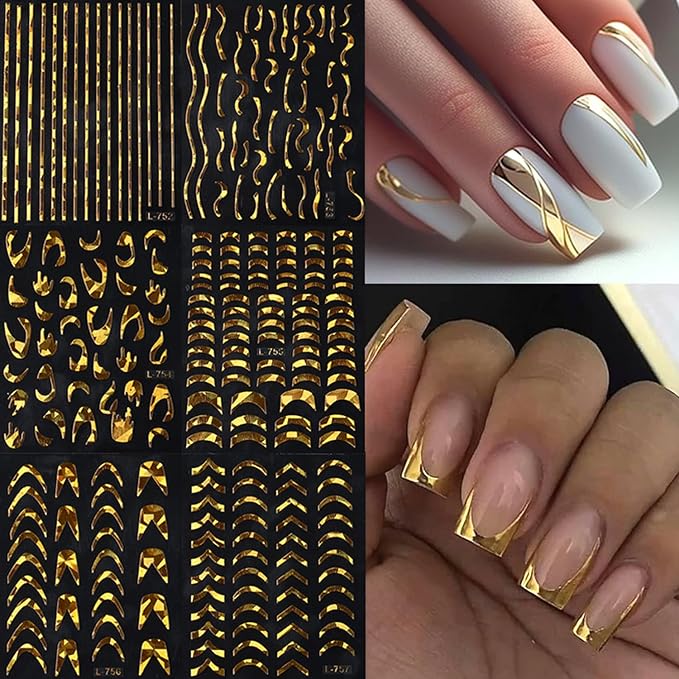 6 Sheets Gold Nail Art Stickers Decals Wavy Stripe Nails Stickers French Tip Nails Decal Self-Adhesive Irregular Lines Nail Art Decal for Women Manicure Decor