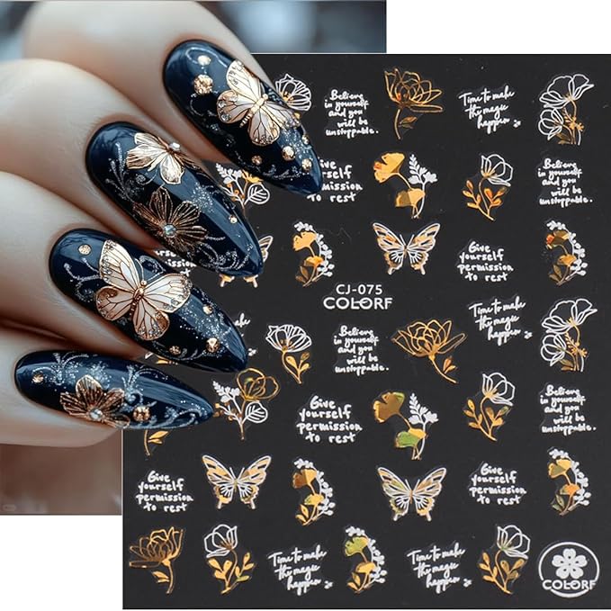 9Pcs Fall Nail Art Stickers Glitter Maple Leaf Nails Decals 3D Bronzing Ginkgo Squirrel Butterfly Flower Nails Design Sticker Autumn Thanksgiving Gold Nail Stickers Supplies for Women Manicure Decor