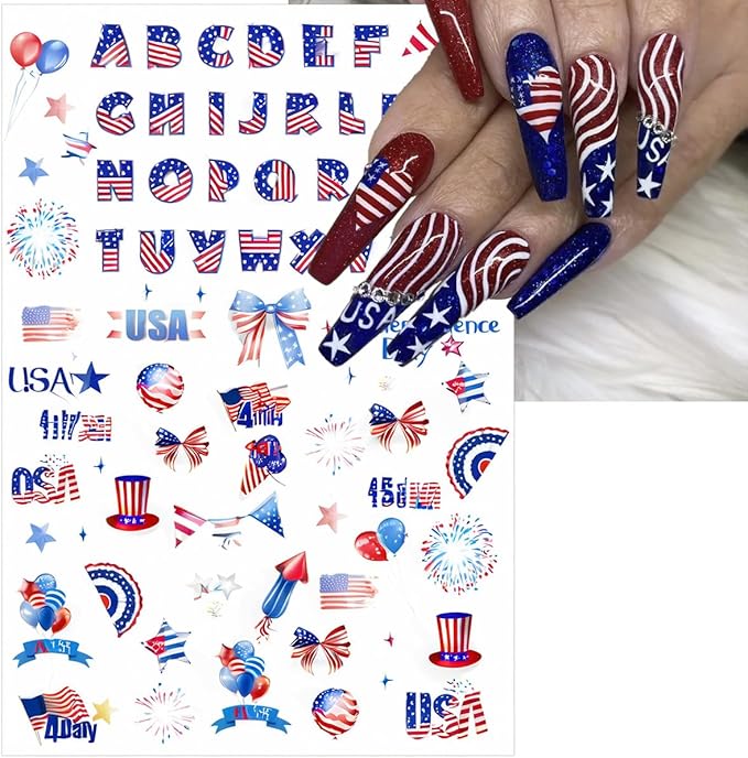 6 Sheets 4th of July Nail Stickers for Nail Art 3D Self-Adhesive Independence Day Nail Decals Star Heart American Flag Nail Design Stickers Patriotic Nail Decor for Women Holiday Nail Art Supplies
