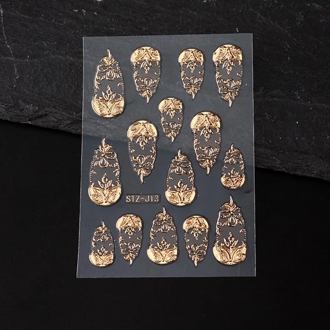 Gold Nail Art Stickers 3D Self-Adhesive Golden Foil Leaf Nail Decals Nail Art Supplies 3PCS Metallic Totem Leaves Summer Nails Design Embossed Sticker Manicure Sliders for Women DIY Nail Decorations