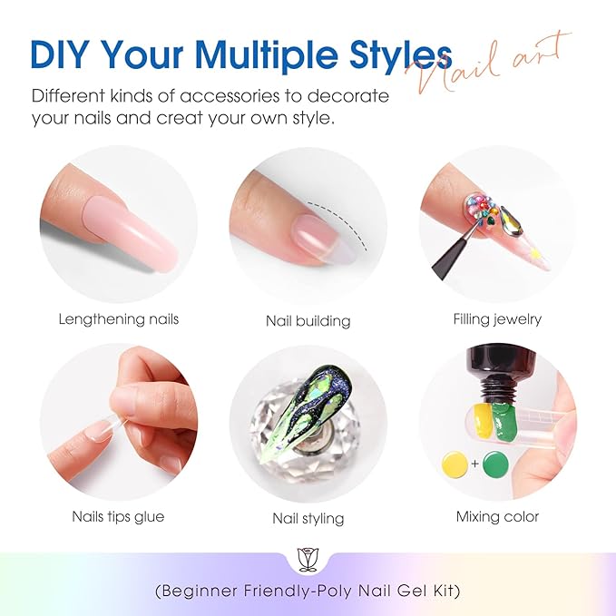 ROSALIND Poly Nail Gel Kit -24 Colors with Accessories Neon Poly Nails Gel Starter Kit with Slip Solution Mini UV Lamp Base Top Coat, Halloween All Seasons Classic Colors Poly Extension Gels Nails Kit