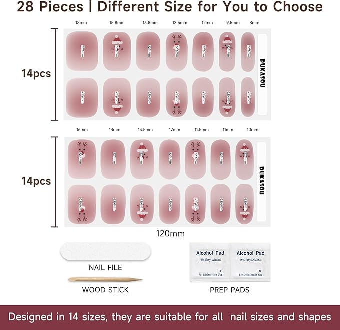 Semi Cured Gel Nail Strips, 28 pcs Christmas Elk Gel Nail Stickers Full Nails Wraps for Women, Long Lasting UV Nail Strips for Home DIY Nails Art UV Light Require
