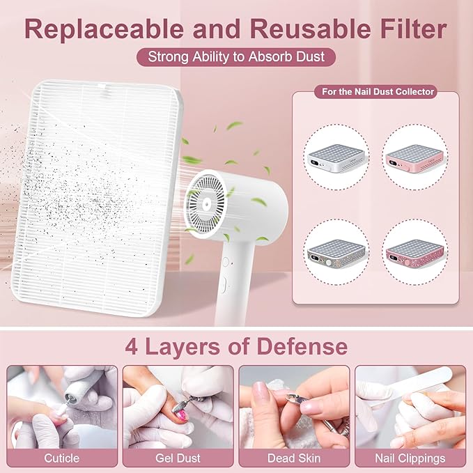 Nail Dust Collector with 2 Reusable Filters,Nail Vacuum Dust Collector Quiet for Nail Tech Art, Powerful Nail Fan and Duster Collector,Nail Vacuum Cleaner for Salon and Home(Pink Diamond)