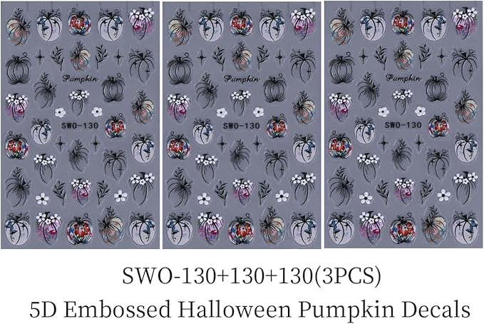 Fall Nail Stickers Halloween Pumpkin Nail Art Stickers Decals 3PCS 5D Engraved Leaf Flower Pumpkin Nails Design Self-Adhesive Fall Stickers Manicure Nail Art Supplies for Holiday DIY Nail Decorations