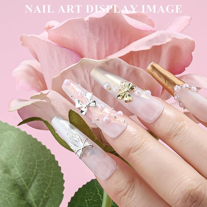 3D Metal Bowknot & AB Pearl and Mini Beads Nail Art Kit - Gold/Silver Alloy Bowknot, 1-2mm Stainless Steel Caviar Beads, 3mm Half Pearls for Professional Salon & DIY Manicure Jewelry Designs (Set 3)