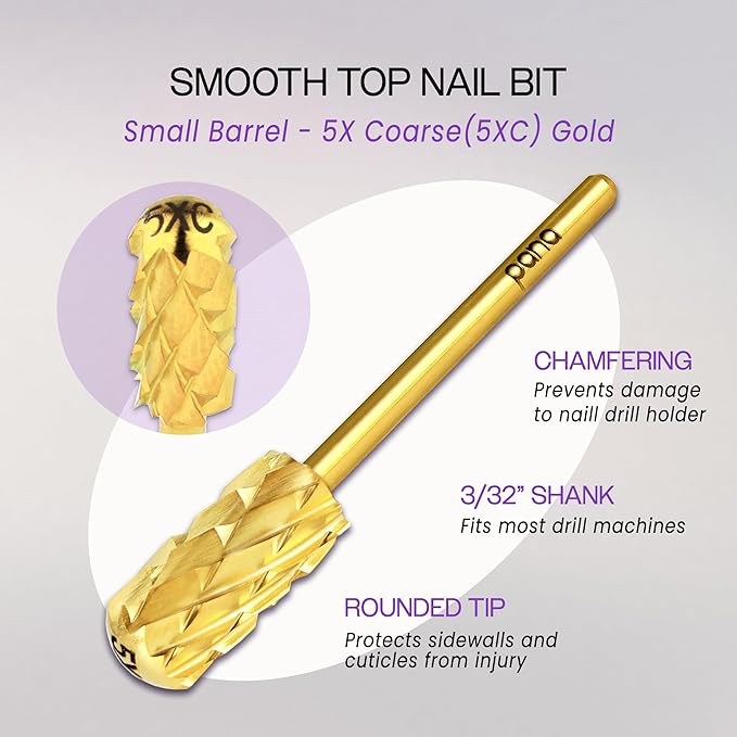 PANA Smooth Top Small Barrel 3/32" Shank Size - (Gold, 5X Coarse Grit) - Fast remove Acrylic or Hard Gel Nail Drill Bit for Manicure Pedicure Salon Professional or Beginner