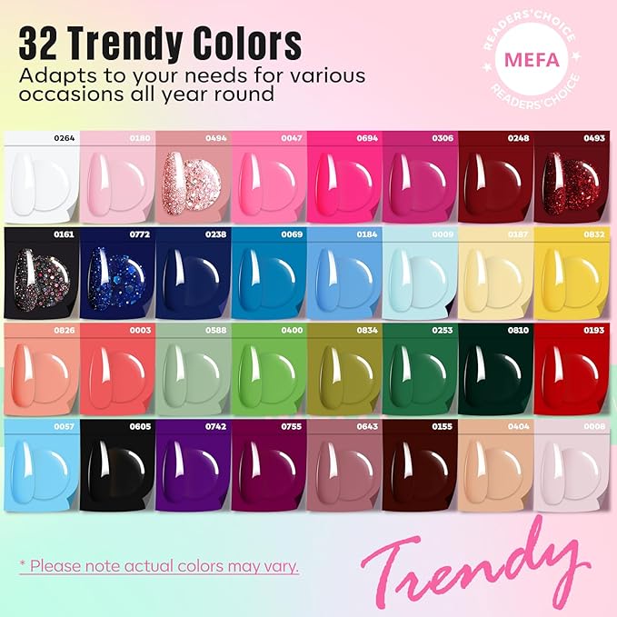 MEFA 56 Pcs Gel Nail Polish Kit with U V Light, 32 Colors Hot Pink Colorful Gel Nail Kit Glitter nail Polish Set Nail Art Decorations Manicure Tools DIY Gifts