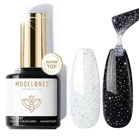 modelones Glitter Gel Top Coat, Iridescent Silver Mix Glitter Gel Polish No Wipe Top Coat Glossy Sparkly Finish Long Lasting Soak Off Rainbow Shimmer Nail Polish Nail Art Gift, 10ml