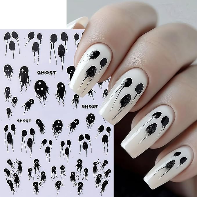 6 Sheets Halloween Nail Stickers 3D Self-Adhesive Scary Eyes Spider Ghost Nail Art Stickers Holiday Nail Decals Bloody Spiderweb Black Ghost Bats Nail Supplies for Women DIY Holiday Nail Decoration