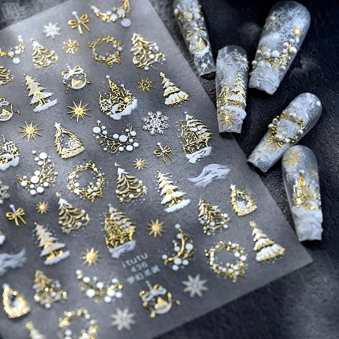 Christmas Nail Art Stickers 5D Embossed Xmas Tree Snowflake Nail Decals White Gold Christmas Nail Stickers for Nail Art Self Adhesive Nail Supplies Design for Women Girls