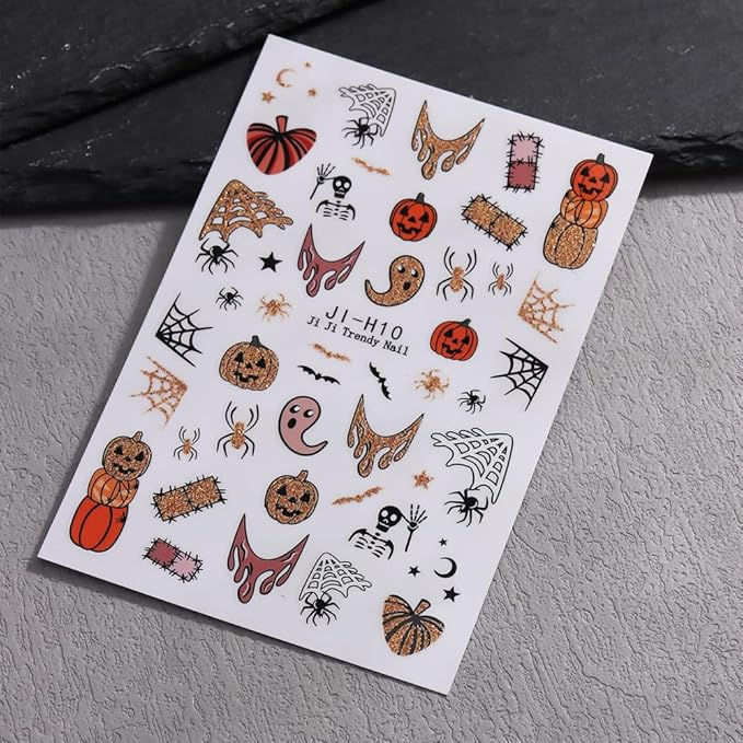 Halloween Nail Stickers for Nail Art, 3D Self-Adhesive Halloween Nail Decals Nail Art Supplies 6PCS Glitter Pumpkin Spider Web French Tip Cute Design Holiday Sticker for Women DIY Manicure Decorations