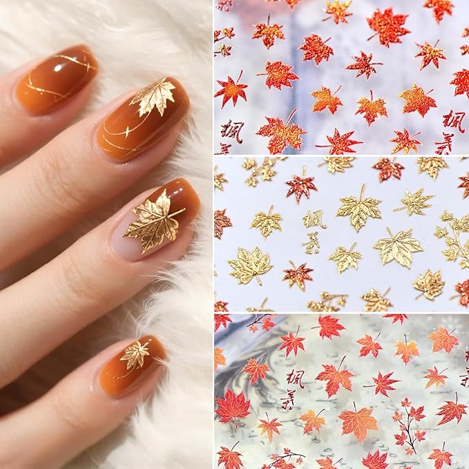 2 Sheets 5D Embossed Maple Leaf Nail Stickers for Nail Art Fall Nail Art Stickers Red Gold Embossed Maple Leaves Shiny Fall Nails Art Sticker Thanksgiving Day Gold Maple Leaf Nail Supplies for Women