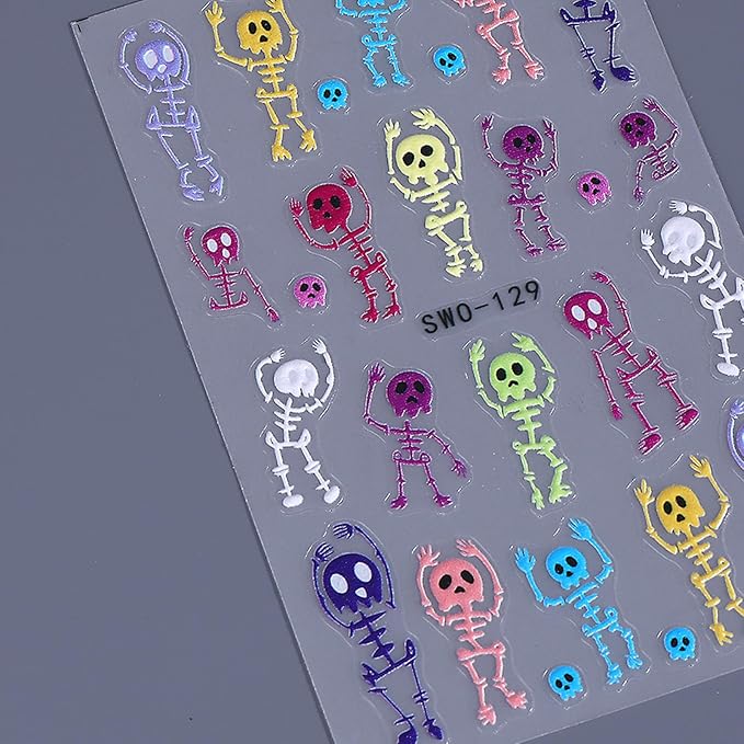 3 Sheets Halloween Skeleton Man Nail Art Stickers 5D Embossed Colorful Skull Nail Decals Funny Skeleton Bone Self-Adhesive Sliders Halloween Nail Art Supplies for Women Acrylic Nail Art Decorations