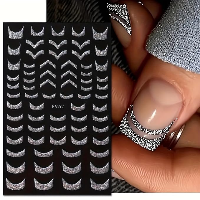6 Sheets 3D Self-Adhesive French Tip Nail Art Stickers Decals Silver Glitter Nail Stickers Sparkly Nail Decorations Decals Curved Lines Nails Art Designs for Women DIY Nail Art Accessories