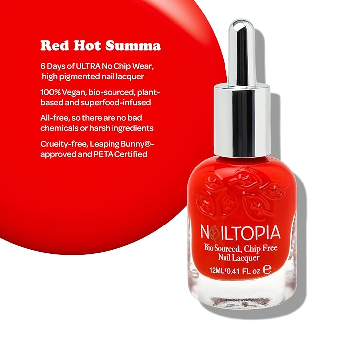 Nailtopia - Plant-Based Chip Free Nail Lacquer - Non Toxic, Bio-Sourced, Long-Lasting, Strengthening Polish - Red Hot Summa (Red With Orange Undertones) - 0.41oz