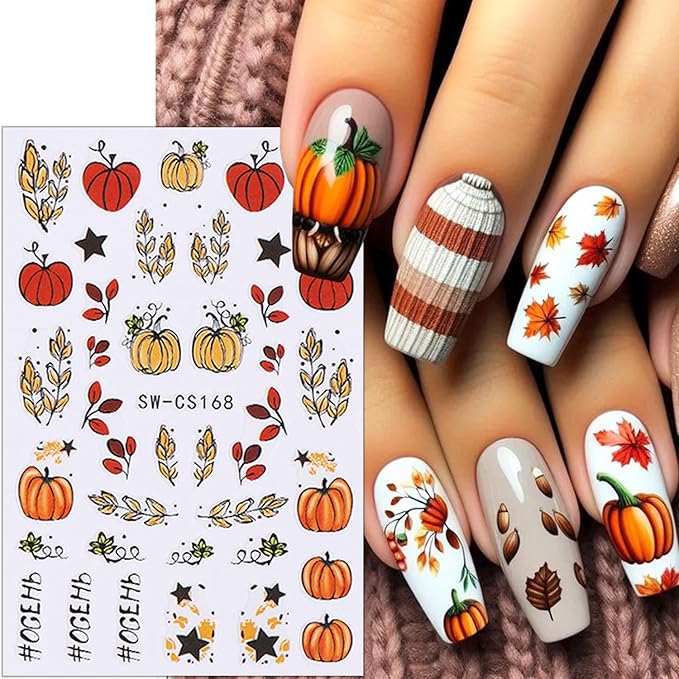6 Sheets Fall Nail Stickers for Nail Art Autumn Maple Leaf Nail Art Stickers Pine Cones Flower Leaves Pumpkin Nail Decals 3D Self-Adhesive Holiday Nail Sticker for Women Thanksgiving Nails Designs