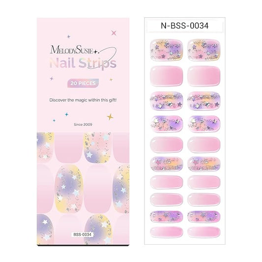 MelodySusie Semi Cured Gel Nail Strips, 20 PCS Gel Nail Stickers, Gel Nail Wraps, UV Light Required, Durable and Salon Quality (Unicorn Stars)