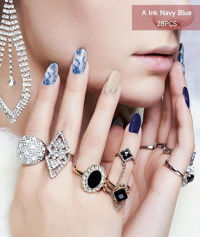 Semi Cured Gel Nail Strips (Ink Navy Blue), 28 pcs UV Gel Nail Stickers for Women Work with Any UV Lamps, Salon Quality Nails Wraps for Home DIY Nails Art