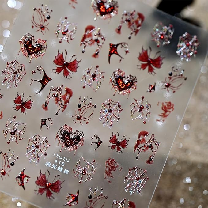 1 Sheets Halloween Nail Stickers for Nail Art 3D Self -Adhesive Spider Web Spider Nail Art Sticker Red Blood Drop Butterfly Heart Designs Stickers Horror Gothic Nail Decal for Women DIY Nail Salon