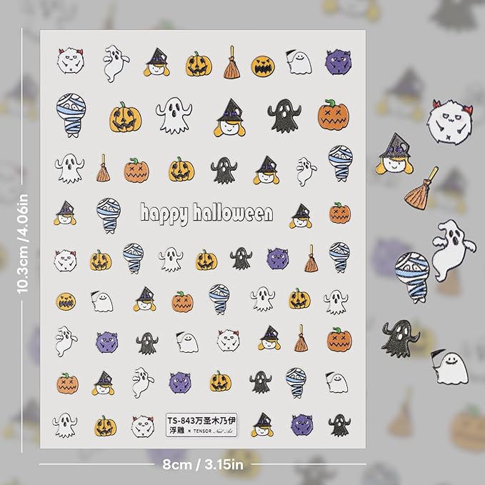 Halloween Nail Stickers for Nail Art - Cute Ghost Nail Art Sticker Bat Witch Hat 5D Embossed Nail Decals Self-Adhesive Nails Supply Manicure Stickers for Nails Decoration (Happy All Saints' Day)