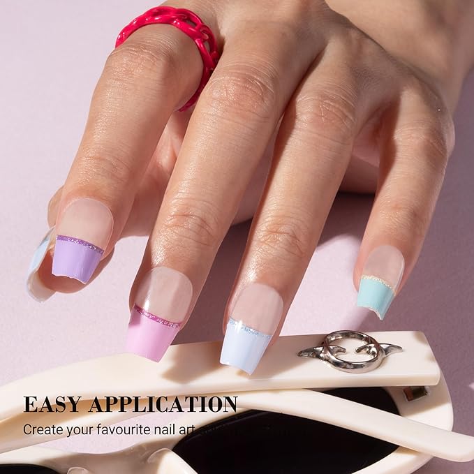 MelodySusie Semi Cured Gel Nail Strips, 20 PCS Gel Nail Stickers, UV Light Required, Durable & Salon Quality (Macaroon French Tips)