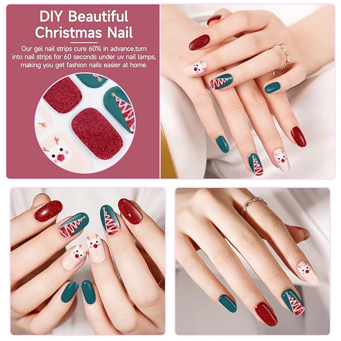 Semi Cured Gel Nail Strips,28 pcs Christmas Nail Stickers for Women,Long Lasting Gel Strips with Any UV Light,Red Green Christmas Sticker for Nails Easy to Apply