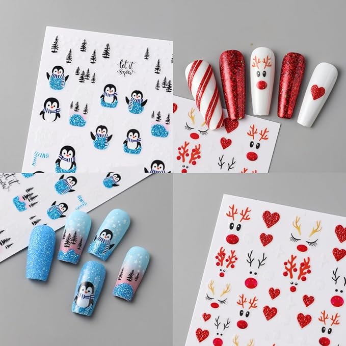 6 Pcs Christmas Nail Art Stickers 3D Self-Adhesive Glitter Christmas Snowflake Elk Blue Penguin Nail Decals Winter Christmas Tree Nail Design Red Glitter Elk Nails Supplies for Women DIY Manicure