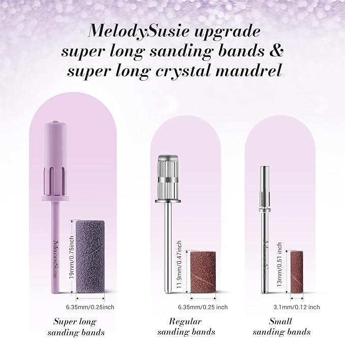 MelodySusie 50 Pcs Nail Drill Bits Super Long Sanding Bands with 6.65mm Crystal Mandrel Bit, 180 Fine Grit Nail File for Acrylic Nails Gel Manicures and Pedicure, Purple