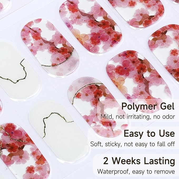 Semi Cured Gel Nail Strips | 28 pcs Gel Nails Strips Work with Any UV Lamps, Long Lasting UV Nail Stickers for Women DIY Nails Wraps(Sakura White)