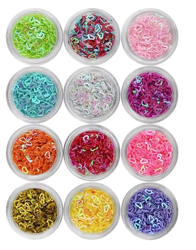 Valentine's Day Nail Art 3D Hollow Heart Pattern Glitter Flakes Sparkly Confetti Nail Art Sticker 12Colors