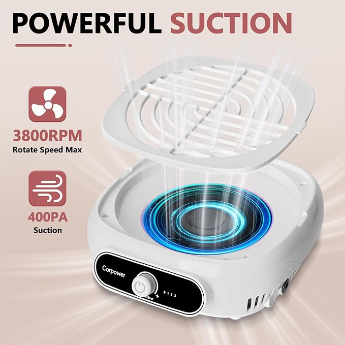 Nail Dust Collector, Professional Brushless Turbo Dust Collector Nail Tech with Reusable Filter,Powerful Nail Vacuum Fan Dust Extractor Manicure Tool for Nail Polishing,Salon & Home (White)