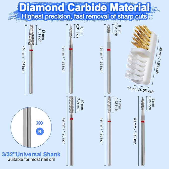 Diesisa 6 Pack Nail Drill Bits for Acrylic Nails, Diamond Carbide Nail Clipper Heads with Diamond Spiral Grooves, 3/32 Inch Cutter Attachment for Nail Preparation, Cuticle and Dead Skin Removal-Red