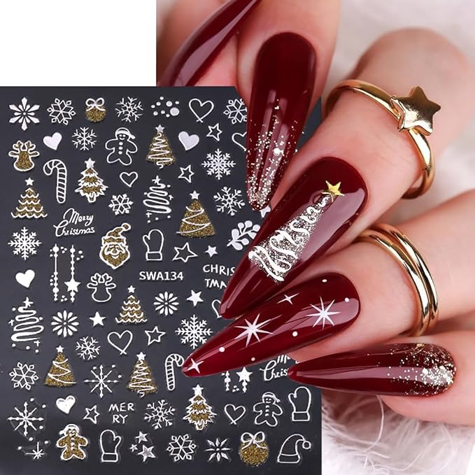 Christmas Nail Art Stickers Decals Winter Snowflake Tree Christmas Nail Stickers 6PCS Gold Silver Crystal Ball Candy Elk 3D Self-Adhesive Xmas Nail Decals Nail Art Supplies for Women Nail Decorations