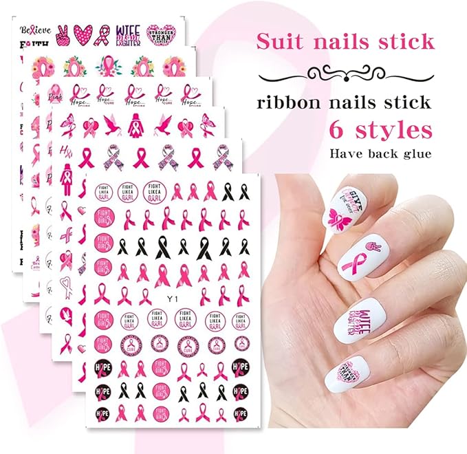 6Sheets Breast Cancer Awareness Nail Stickers - Self-Adhesive Pink Ribbon Decals for Women - DIY Nail Art Design Supplies with 'Love Heart' & 'Letter' Themes