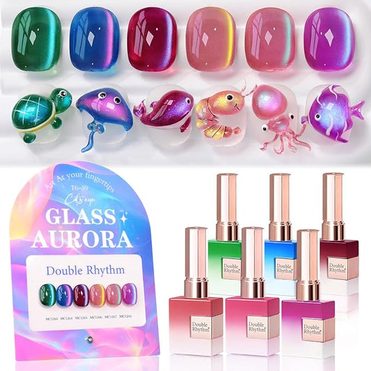 Double Rhythm Cat Eye Gel Nail Polish Set of 6 Same Color Same Bottle 0.5 Oz Shimmer Glitter with Magnet Holographic Reflective Magnetic UV Nail Polish Kit at Home (Glass Galaxy Green-T6-59)
