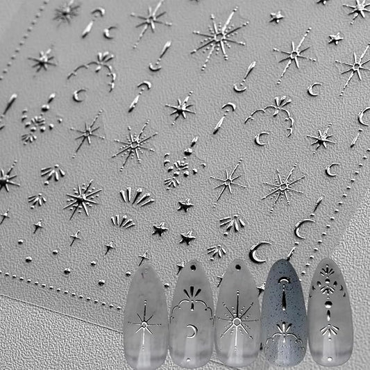 Moon Star 3D Silver Nail Stickers - Luxury Nail Art Design for Women & Girls - DIY Manicure Decoration