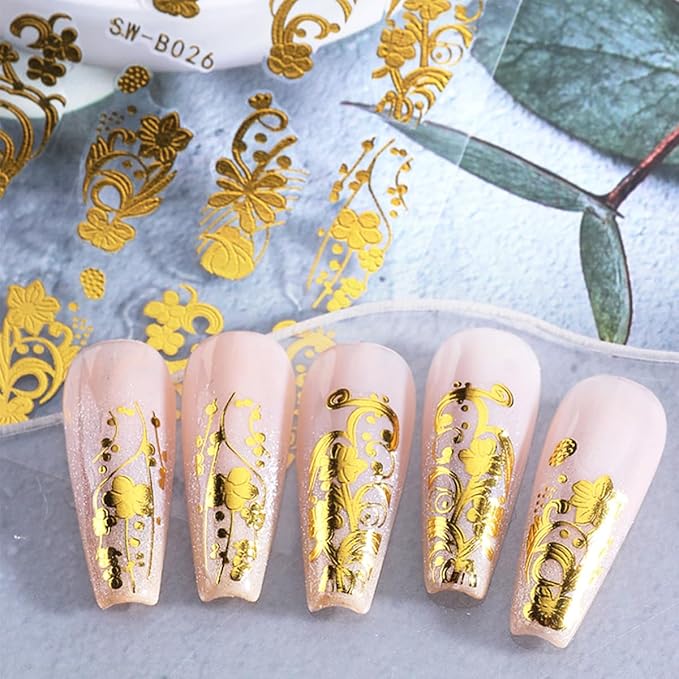 3D Gold Nail Art Stickers 4 Sheets Metallic Flower Leaf Nail Stickers Retro Totem Floral Nails Decals Self Adhesive Gold Designs Luxury Accessories Manicure Supplies for Women DIY Acrylic Decorations