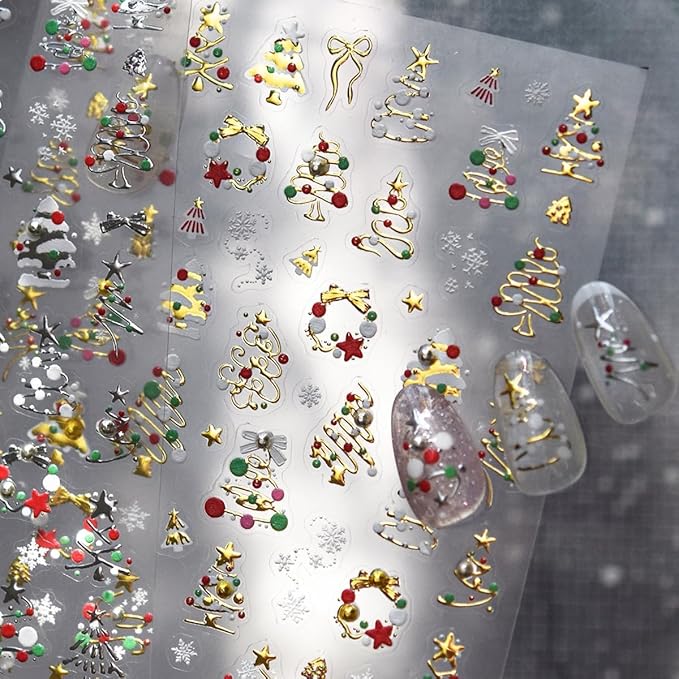 2 Sheets Christmas Nail Art Stickers Golden Xmas Tree Nail Decals with Rhinestone Snowflake Star Bow Christmas Nails Design Adhesive Stickers Nail Art Supplies for Women Holiday DIY Nail Art