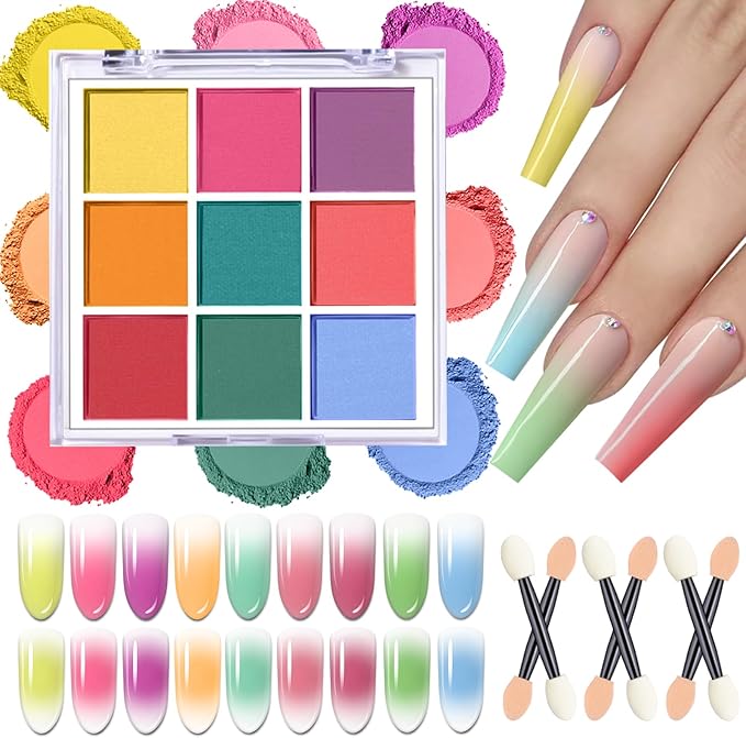 Nail Pigment Powder Palette, 9 Colors Solid Pigment Powder for Nails Ombre Gradient French Manicure, Nail Art Palette Rub Dust Glitter Manicure Home DIY Decoration Accessories, Bright Colors