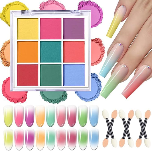 Nail Pigment Powder Palette, 9 Colors Solid Pigment Powder for Nails Ombre Gradient French Manicure, Nail Art Palette Rub Dust Glitter Manicure Home DIY Decoration Accessories, Bright Colors