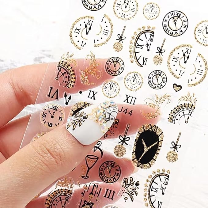 6PCS Clock Nail Art Stickers New Year Nail Decals 3D Self-Adhesive Gold Glitter Nail Stickers Clock Wine Glass Christmas Ball Fireworks Design Countdown Nails Supplies for Women Christmas Nails Decor