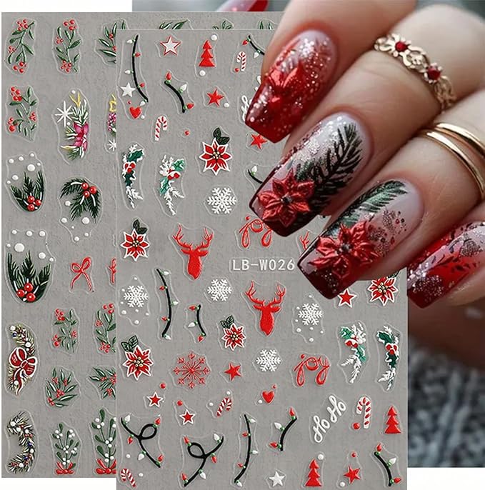 4 Sheets Christmas Nail Art Stickers 5D Embossed Holly Leaf Nail Decals Winter Christmas Tree Elk Snowflake Design Self Adhesive Nail Art Supplies for Women Acrylic DIY Holiday Manicure Decoration