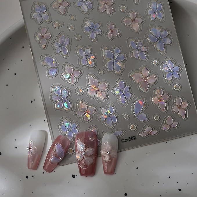 Flower Nail Art Stickers Decals 5D Embossed Flowers Nail Decals Shiny Five-Petaled Floral Shell Light Spring Summer Nail Design Floral Foil Adhesive Decals for DIY Manicure Decorations Accessories