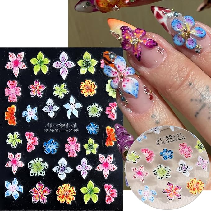 Flower Nail Stickers 5D Embossed Lily Flower Stickers for Nails Hibiscus Self Adhesive Floral Nail Decals Gold Flower Nail Charms Vacation Design Pegatinas para Uñas 4 Sheet