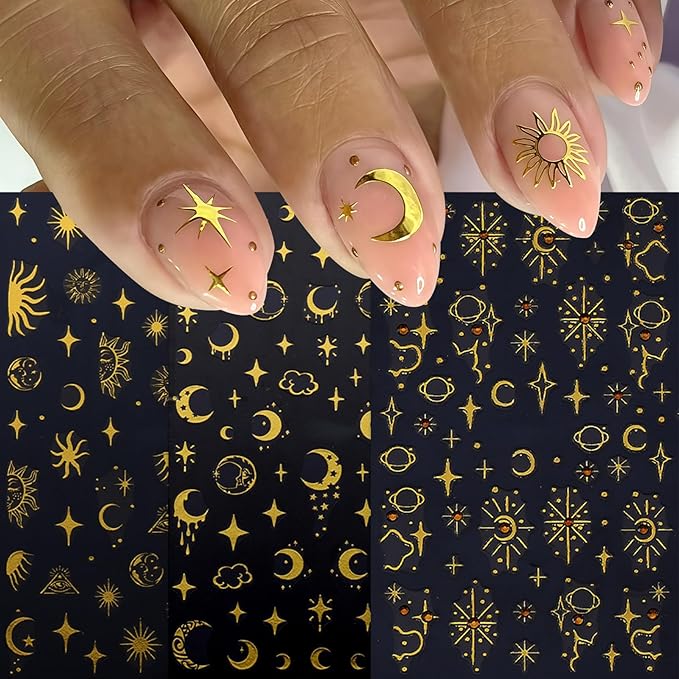 6 Pcs Gold Star Nail Stickers for Nail Art,Self-Adhesive Red Diamond Star Moon Nail Decals Star Moon Sun Pegatinas Uñas Cute Stars Nail Design Stickers Nail Art Supplies for Women Nail Decorations
