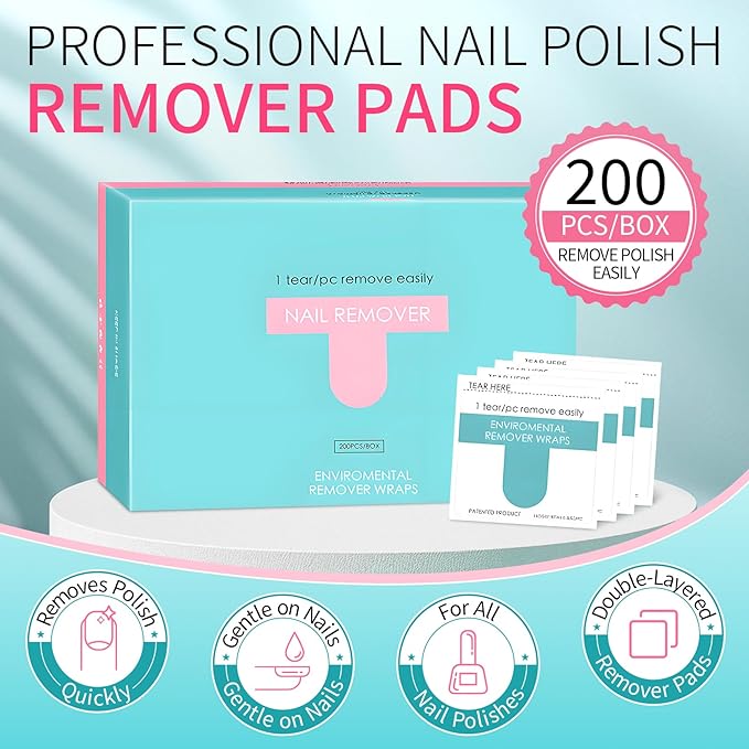 Nail Polish Remover Wipes,200 Pack Individually Nail Polish Remover Pads with Tools,Portable Fingernail Travel Kit,Quickly removedor de gel para uñas for Salon Home