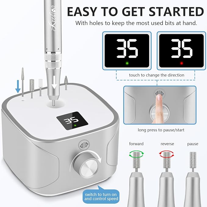 Kredioo Electric Nail Drill Professional for Salon Use 35000RPM Efile File Kit for Gel Nails Polish Remover with 11 Bits and Sanding Bands Build-in Bit Holder -Silver